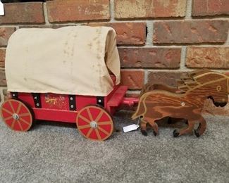 Vintage homemade toy covered wagon and horses
