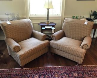 Silk covered club chairs