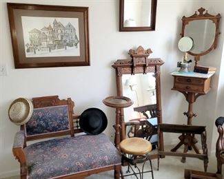 Eastlake settee, wall mirror, shaving stand and more