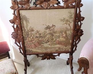Antique carved wood tapestry fire screen