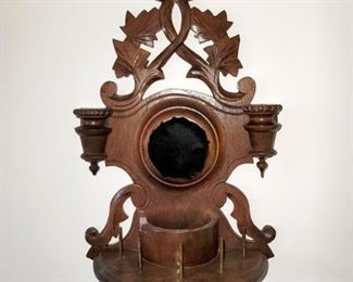 Antique carved wood hanging pin cushion, spool holder, candleholder