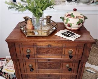 Antique Victorian Eastlake chest of three drawers (with burl panels.)  Franciscan soup tureen 
