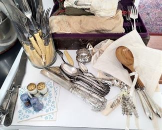 Vintage Bakelite flatware. Lots of silverplate flatware. Full set in box