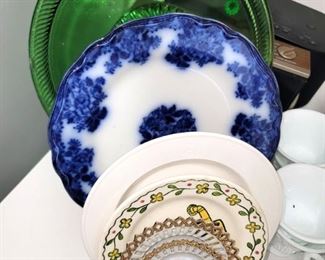 Green glass footed cakeplate, flow blue plate and more