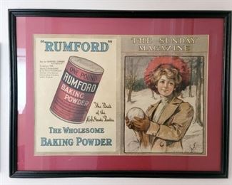 Antique 1905 framed Boston Sunday Post magazine cover with Rumford Ad