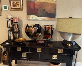 MCM CENTURY Black Lacquered Pagoda Credenza with gold pulls, ART: DE ROSIER LIMITED EDITION, MCNEIL PAINTING 