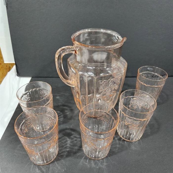 Pink pitcher and 5 glasses