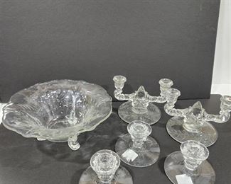 Etched glass bowl with matching candelabras and Fostoria candleholders