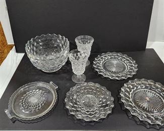 American Fostoria bowl 5 x 8 dia, plates and glasses