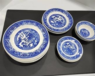 Blue willow "Willow Ware" assorted plates, saucers and bowls total of 21 pc (few chips)