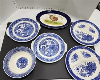 Blue Willow "Willow Ware " divided plates, platters, bowl and a turkey platter