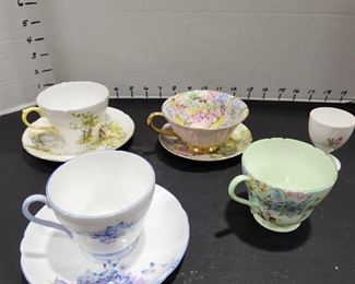 Shelly tea cups and saucers with Shelly egg cup