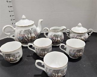 Avon teapot, 4 tea cups, creamer and sugar bowl