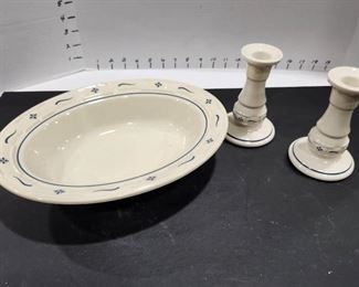 Longaberger serving dish and 2 candleholders all like new