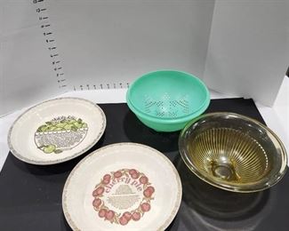 Pie plates with recipes printed, strainer and bowl