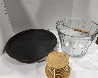 Glass ice bucket with handle, black turntable and coasters