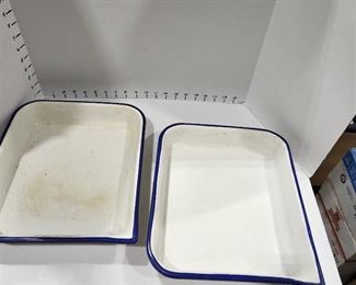 Two enamelware pans and one bowl