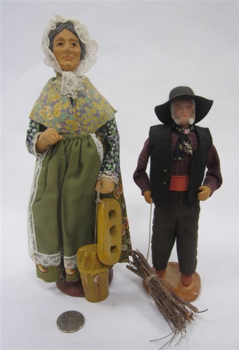 TWO FRENCH FIGURES: UNSIGNED SANTONS FLORENCE-PROVENCE 1970'S COMPOSITION WOMAN WITH BREAD. A TERRACOTTA CLAY MAN FIGURE