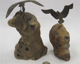 TWO MID CENTURY BRASS METAL ART SEA BIRDS AND GEODUCK CLAMS, MOUNTED ON DRIFT WOOD