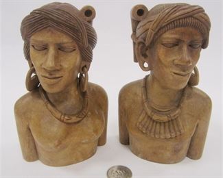 PAIR OF INDONESIAN MID CENTURY CARVED WOOD BUST. 6" TALL. MISSING ONE EARRING. Much higher quality than usual