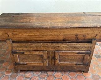 #17- 19th Century American Dough Proof Box / 
Rustic Pine wood, forged hinges, 2 plank top, fitted stand @ 35” Tall X 67” Wide
