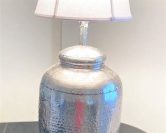 #20- Floor lamp / Hand hammered tin, dimpled body with floral motif accent / 41” Tall
