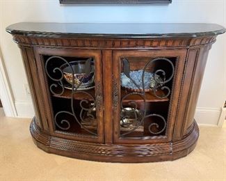 Wood half round cabinet with marble top 60"W x 20"D x 37"H (contents of cabinet not for sale)