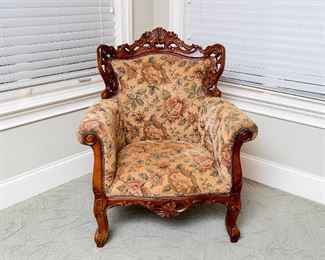Wood carved/upholstered armchair