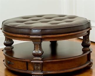 Tufted leather/wood ottoman 39" diameter x 17"H as is