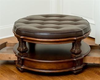 Tufted leather/wood ottoman 39" diameter x 17"H as is