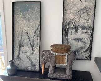 Vintage black bench, matching set.  Paul Abel , art, original art, pair of winter scenes.  