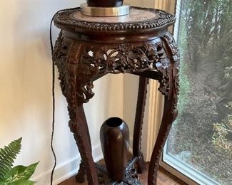 Carved, Chinese side table, marble top inlaid