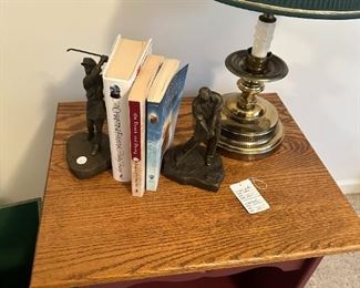 Cute end table in red with oak top--another available in brown.  Golf theme bookends and lamp.