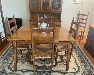 SIMPLY AMAZING 1950'S Farmhouse dining table with ladderback dining Woven Cane Rush bottom seat chairs, 5 chairs are included with the set