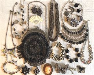 5 Necklaces, 3 Bracelets, 7 Pins, 5 Pairs Earrings, 1 Antique Purse