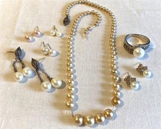 10k Gold Pearl Earrings, 925  Pearl Ring Size 8, 4 Pairs Pearl Earrings, 1 Broken Vintage Pearl Necklace