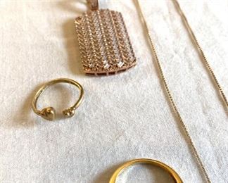 14k Gold Chain Necklace, 10k Gold Heart Adjustable Ring, 925 Pendant, 925 Ring