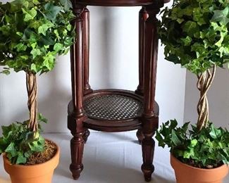 Flowered Top Small Table with Two Ivy Topiary in Terra Cotta Pots