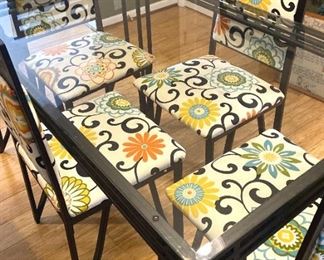GlassTop Dining Table with 4 Decorative Floral Chairs