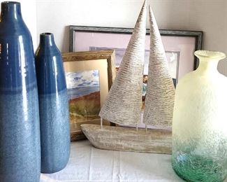 Original Watercolor Paintings of Seashores, Three Glass Vases, and Wooden Sailboat