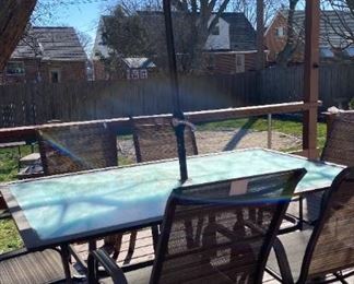 Outdoor Table, 6 Chairs, Umbrella Stand, Rectangular Umbrella