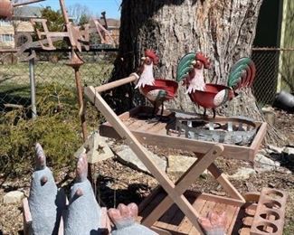 Rooster Lawn Decor, Wooden Cart, and Wind Chimes HandCrafted in India