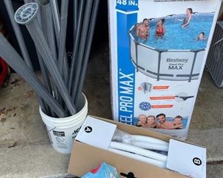 Steel Max Pro 14ft Above Ground Swimming Pool, Flow Clean Pool Cleaner, Pool Shock Packets, Ladder, Skimmer, Misc Items