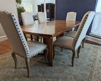 Thomasville Dining Table 42" x 64" plus 18" Leaf; 6 Pottery Barn Calais Side Chairs
