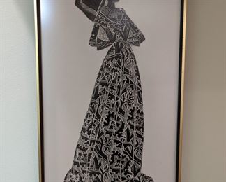 Mid Century Wood Block Print Woman, Unsigned