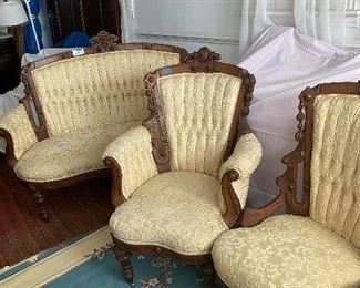 #42 Vintage EASTLAKE STYLE  Parlor Set of Sofa, Gentlemen's Chair and Ladies Chair, very old authenic set , Brocade fabric upholstery, very good condition $2500/ set