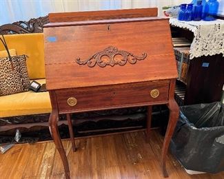#50 Ladies Writing Desk, Antique French Louis XVI style, Early 1900, Slant Front, Bottom Drawer, Pigeon Hole Compartments inside, Motif Scrolling on slant Front,  $450.00