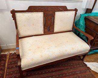 #44 EASTLAKE WOOD FRAME LOVESEAT, Cream Colored Thread Stitching with Cultured Pearls Upholstered, Good condition, $600.00