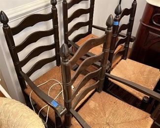 #45 SHAKER 18 CENTURY STYLE Ladder-Back Chairs  (5) 1-armless, 4- arms,  Wicker Woven Rush Seats,$500.00 
