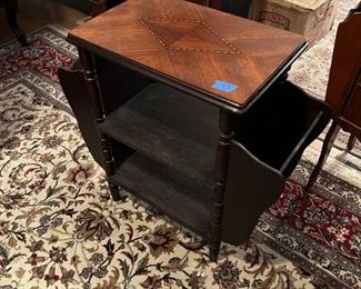 #37 MAHOGANY WOOD MAGAZINE STAND,  Top is inlay design, Side Pockets and Shelves in center $125.00